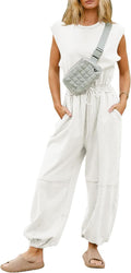 Kissonic Jumpsuits for Women Casual Crewneck Cap Sleeve Drawstring 10%