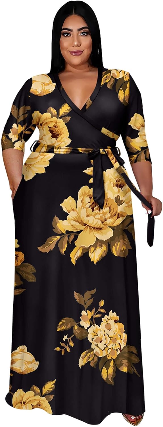 Runwind Plus Size Dress for Women - Elegant V Neck Maxi Style