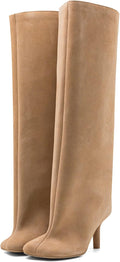 Women's Knee High Suede Boots Wide Calf Square Toe Stiletto Heels fit