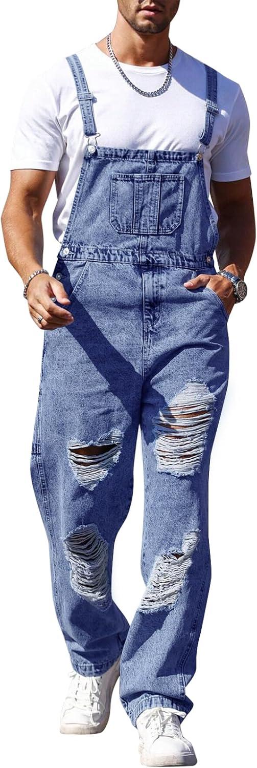 Runcati Men's Denim Bib Overall Ripped Distressed Jean Fashion