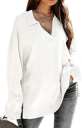 LILLUSORY Women's V Neck Collared Oversized Knit Pullover Sweater