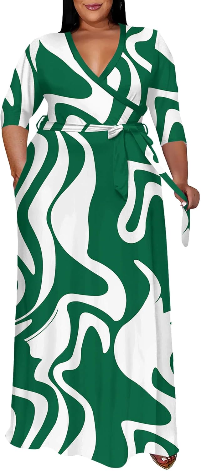 Runwind Plus Size Dress for Women - Elegant V Neck Maxi Style