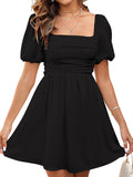 Women's Summer Square Neck Short Dress Puff Sleeve A Line Mini JKMNAO