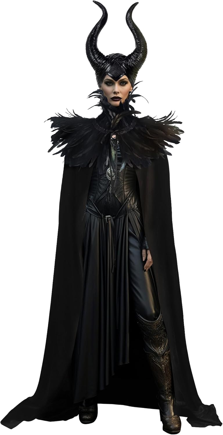 Evil Queen Horns with Feather Cape Shawl Set for Halloween Fun