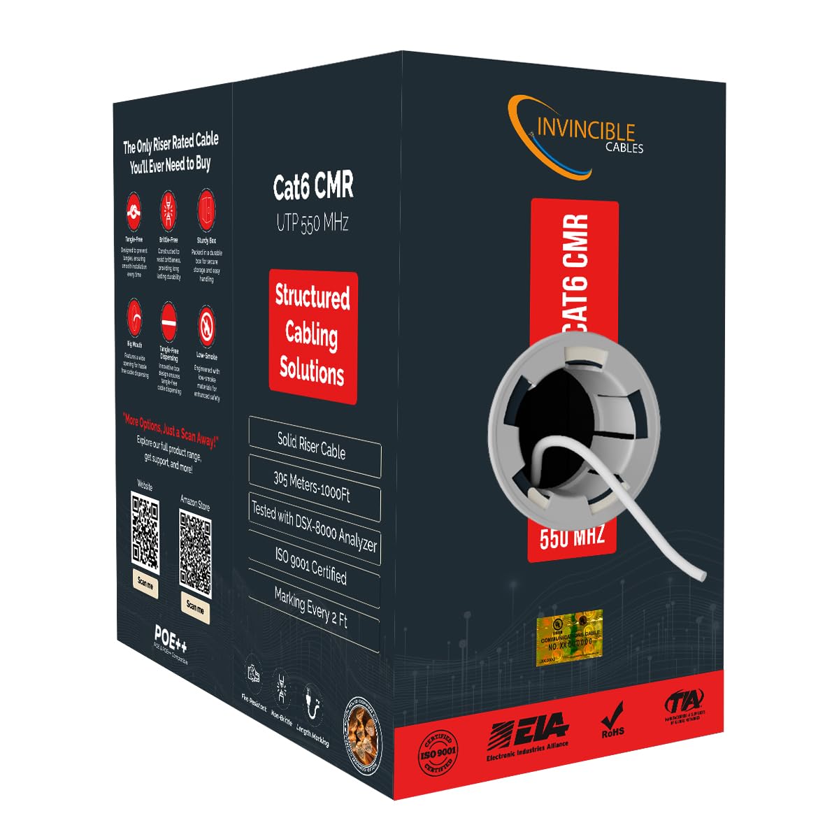 Cat6 Riser Cable 1000ft - Solid Copper, 550 MHz Performance