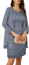 Women's Sequin Two Piece Knee Length Dress - Jacket & Shrug