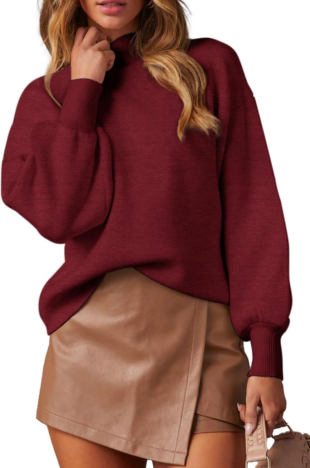 WEACZZY Women's Mock Neck Lantern Sleeve Lightweight Sweater