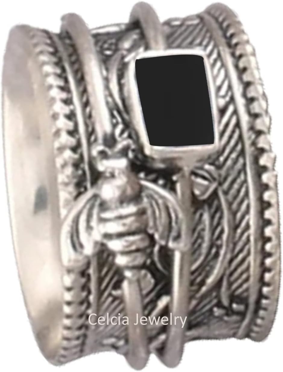 Solid 925 Sterling Silver Honey Bee Spinner Meditation Ring