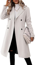Womens Long Double Breasted Pea Coat - Slim Lapel Mid-Length