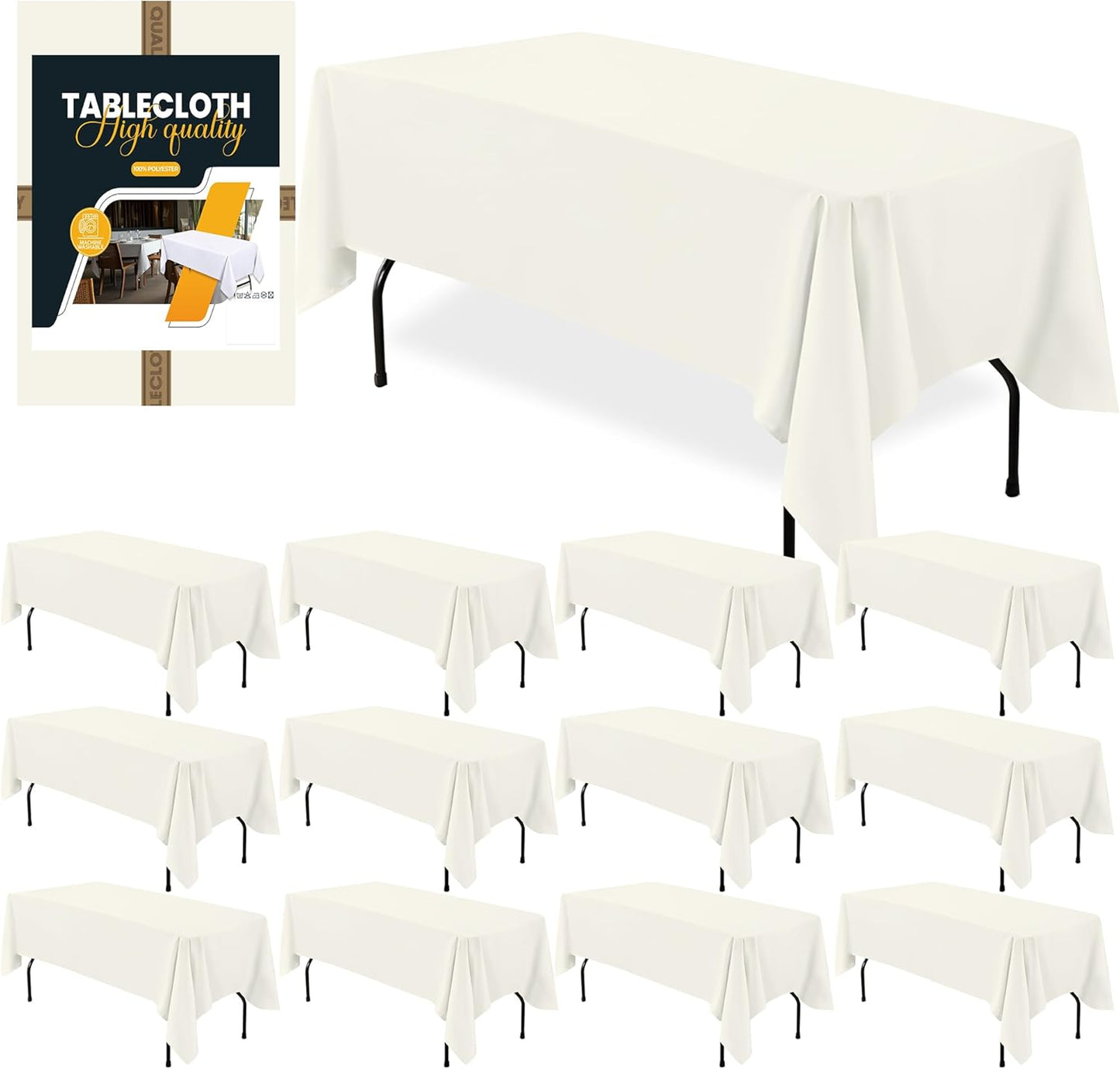 Premium 12 Pack Ivory Rectangle Tablecloths for Events and Parties