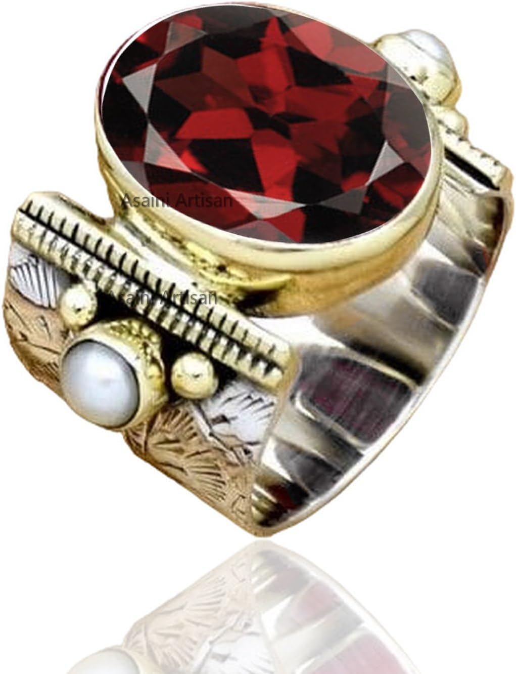 10x14 MM Oval Gemstone Silver Ring with Pearl Accents for Women