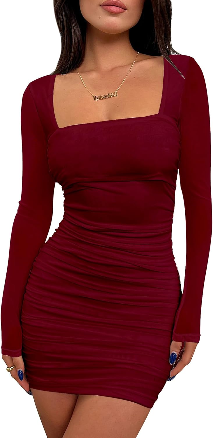 BORIFLORS Women's Sexy Ruched Bodycon Mini Dress for Parties