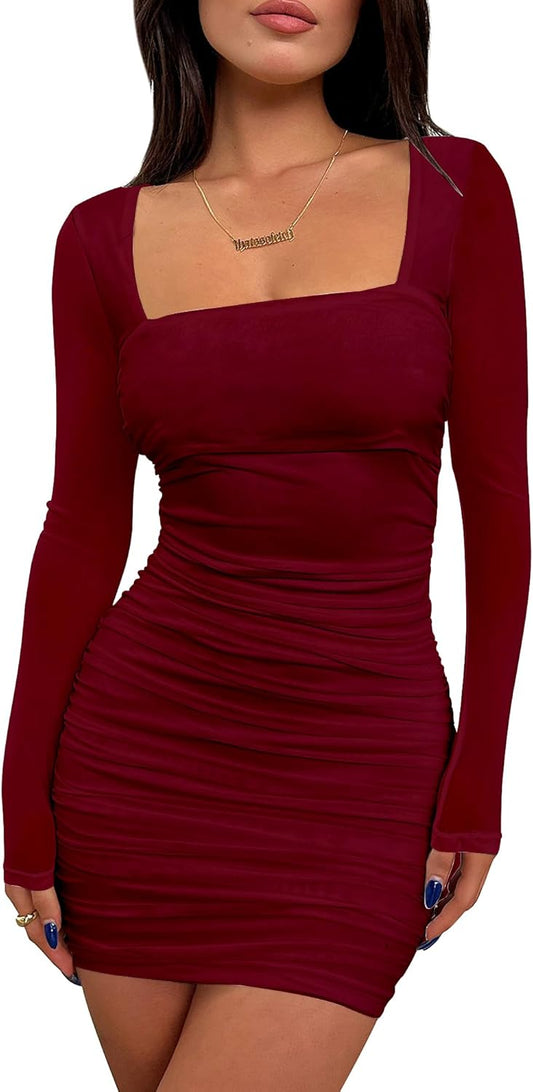 BORIFLORS Women's Sexy Ruched Bodycon Mini Dress for Parties