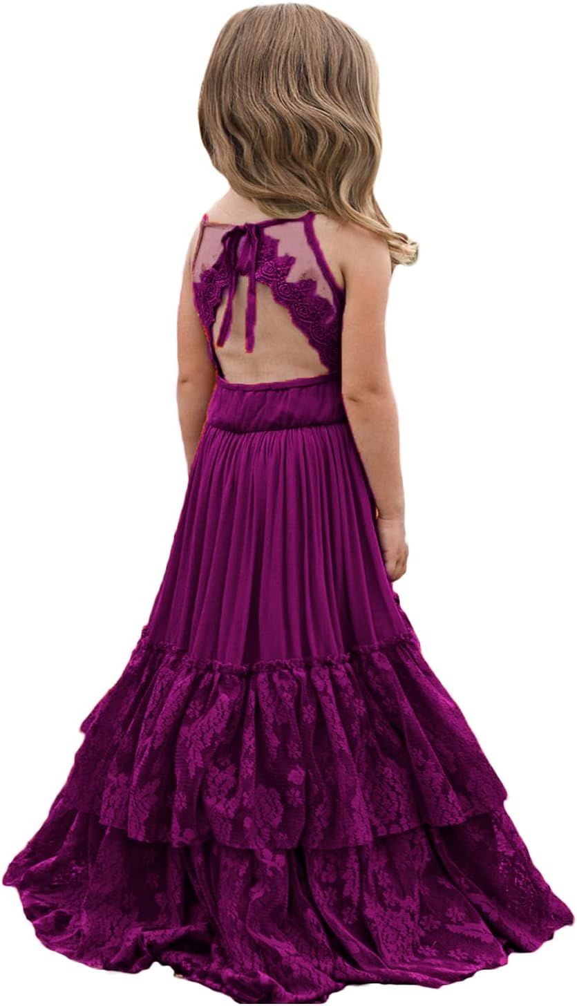 BIBIHOU Girls Lace Back Full-Length Tulle Party Dress