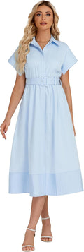 Women Casual Button Down Shirt Dress Midi with Belt - Elegant Everyday