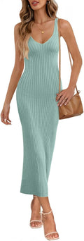 MEROKEETY V Neck Knit Midi Dress - Flattering Sleeveless Bodycon