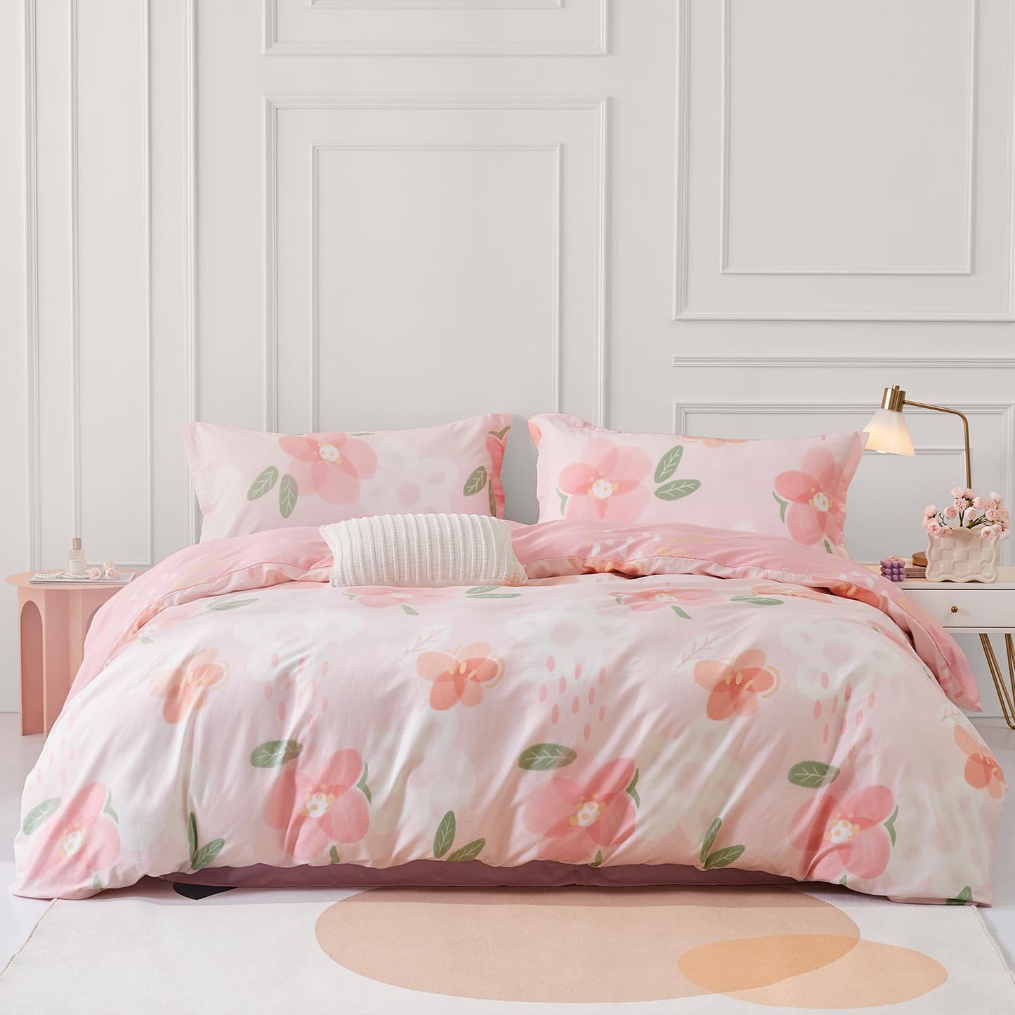 SAPHREAS Pink Floral Duvet Cover Set 3pcs King Size Bedding