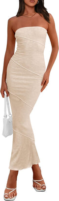 PRETTYGARDEN Women's Ribbed Maxi Bodycon Dress - Flattering Strapless
