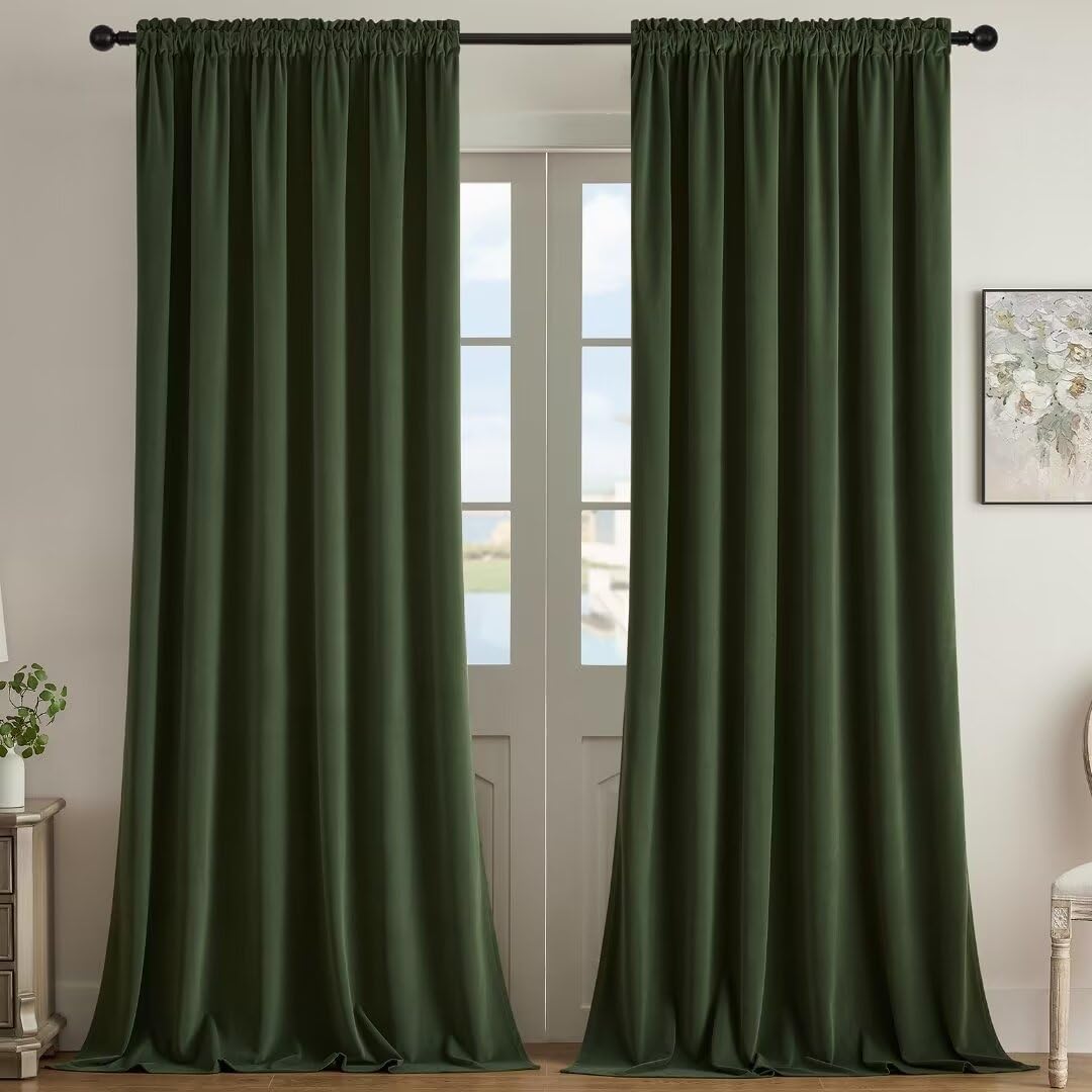 Joydeco Dark Olive Velvet Curtains for Luxurious Room Decor