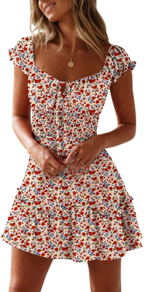 YOBECHO Womens Summer Ruffle Sleeve Sweetheart Neckline Dress