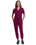 Women Wine Scrub Set Jogger Pant and Tuck-In V-Neck Top - Small