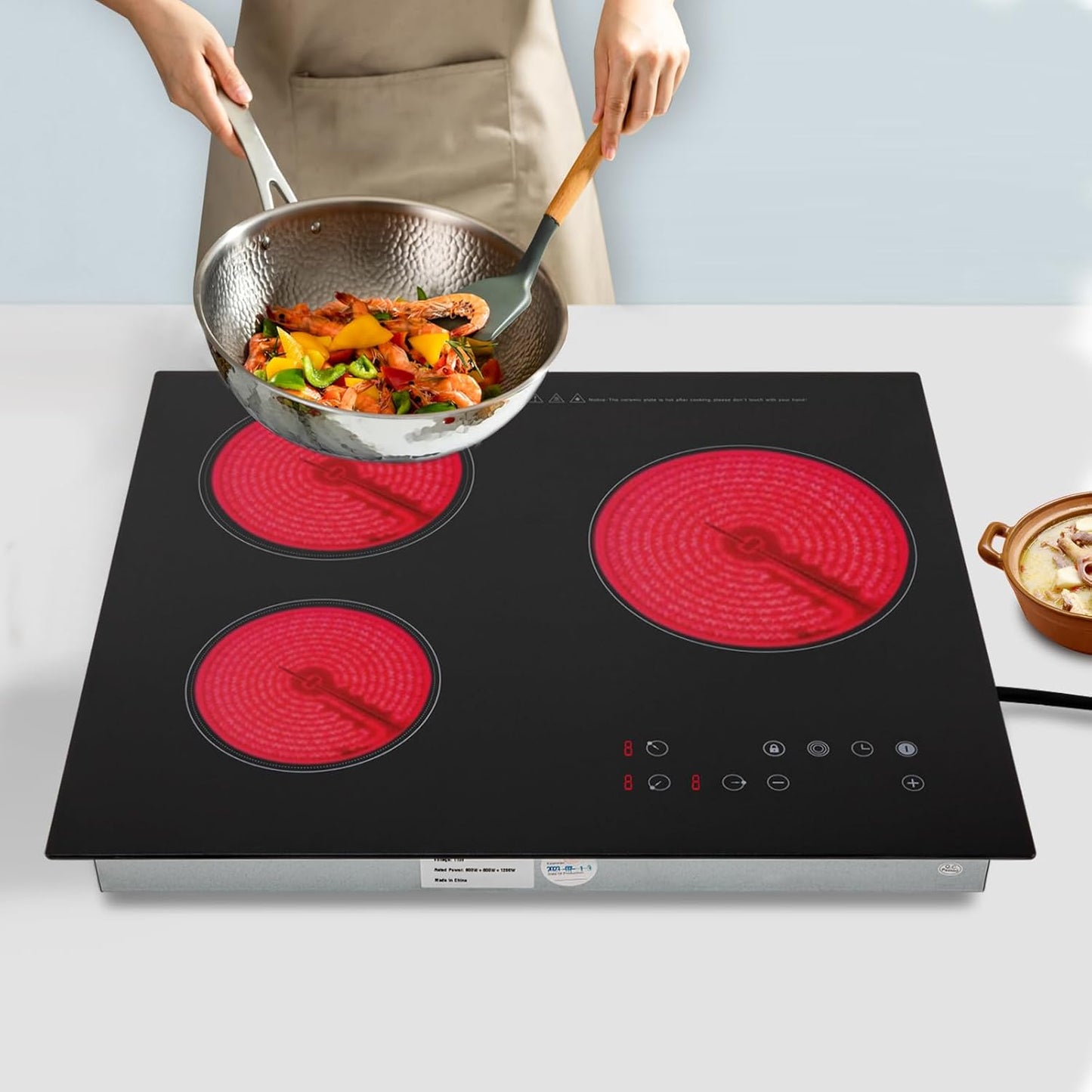 Electric Ceramic Cooktop with 3 Burners and Timer Functionality