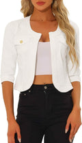 Allegra K Collarless Denim Cardigan Jacket - 3/4 Sleeve Crop