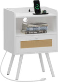 SUPERJARE Nightstand with Charging Station and Rattan Drawer - White