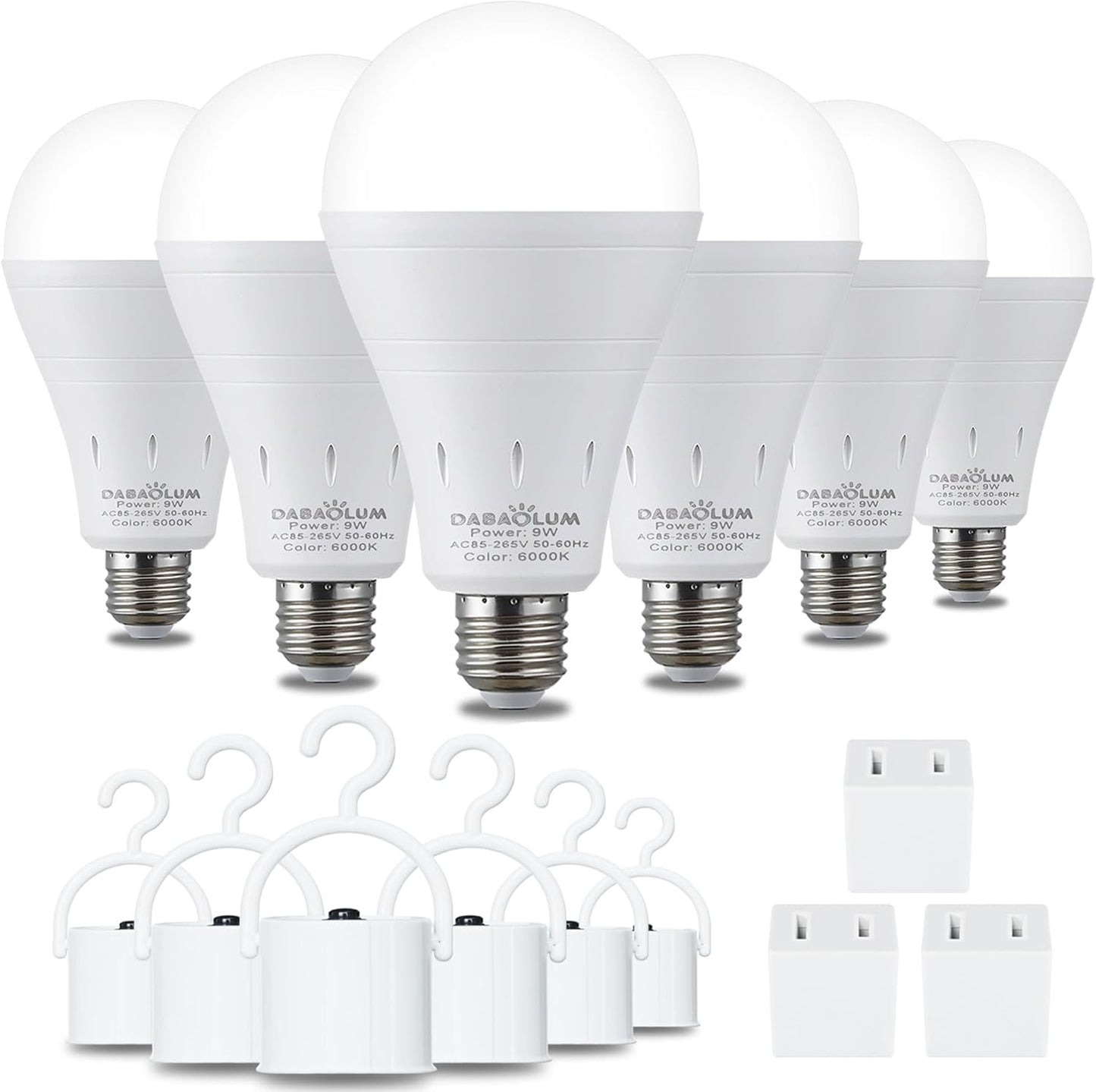 6-Pack Rechargeable Emergency LED Bulbs - Bright 6000K Daylight, 9W 60W Equivalent, 1200mAh Battery - Home, Camping, Hurricane