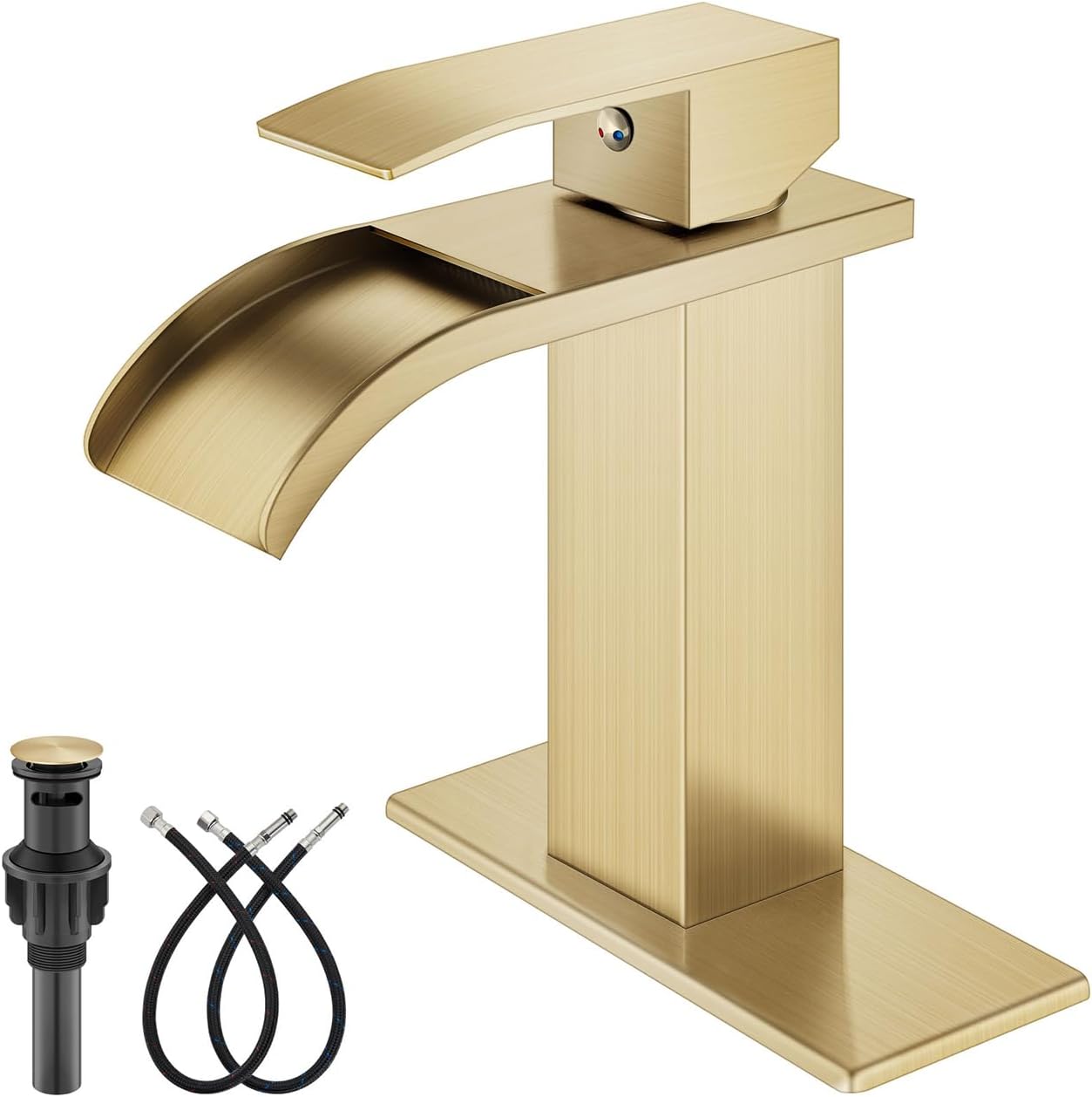 Waterfall Bathroom Faucets for 1 or 3 Hole Sinks, Brushed Gold