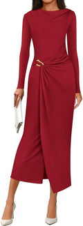 Women's Long Sleeve Bodycon Midi Dress - Ruched Cowl Neck