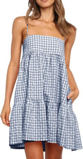 Wenrine Womens Summer Plaid Mini Dress Casual Spaghetti Strap