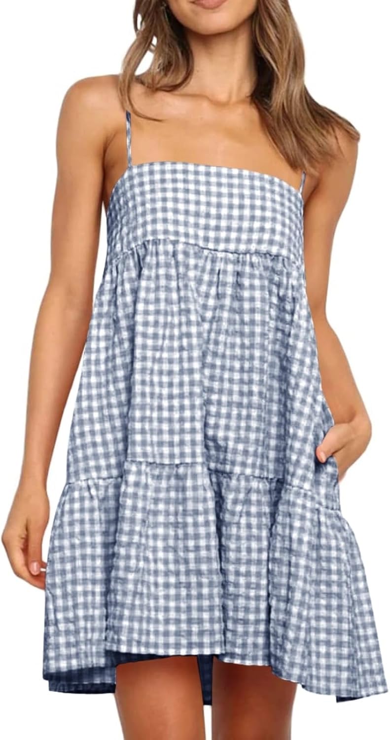 Womens Summer Plaid Mini Dress with Pockets for Casual Wear