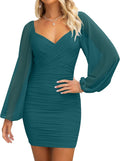 ZESICA V Neck Ruched Bodycon Mini Dress - Sheer Puff Sleeve Fit