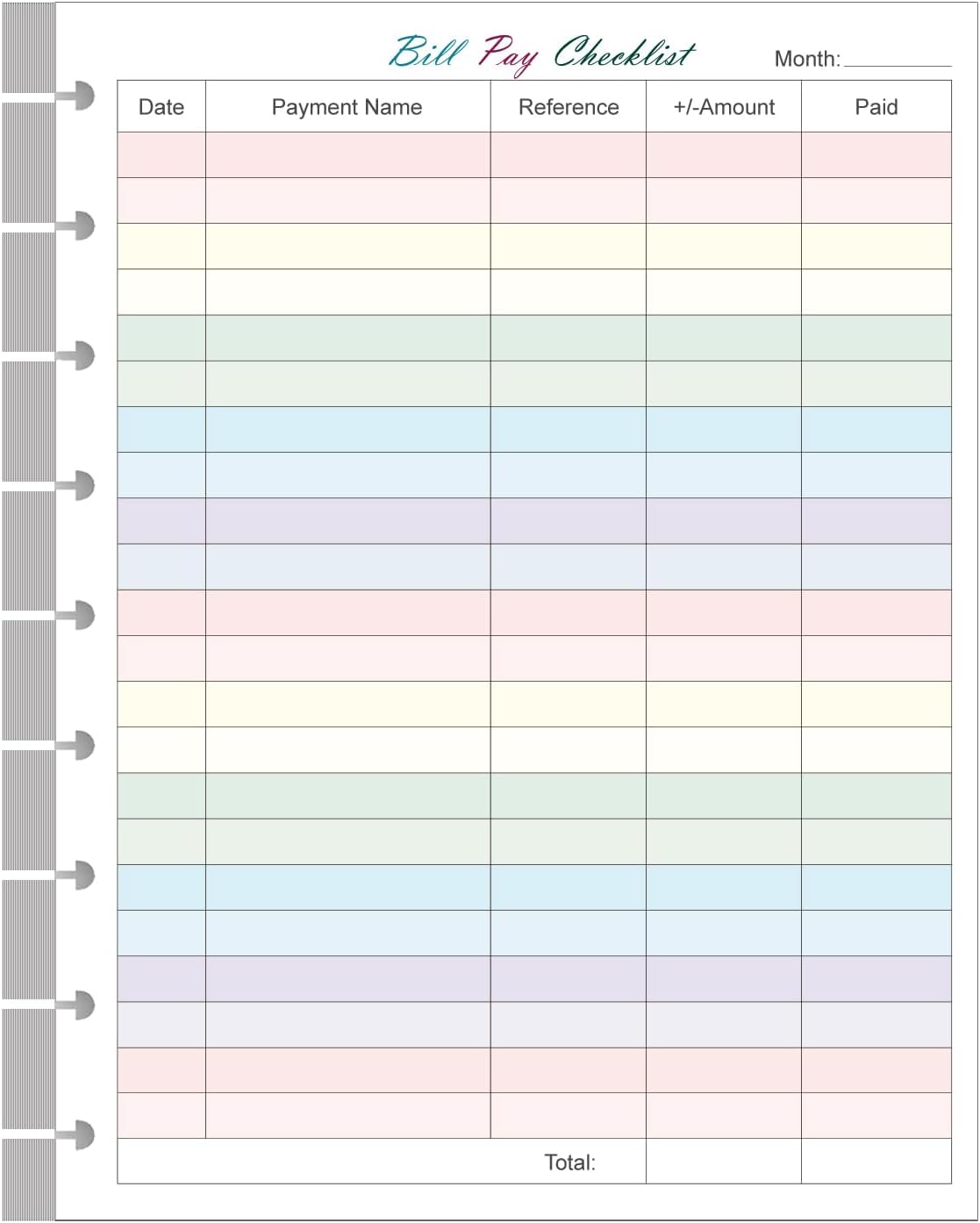 Colorful Bill Pay Checklist Refills - 50 Sheets - For Happy Planners