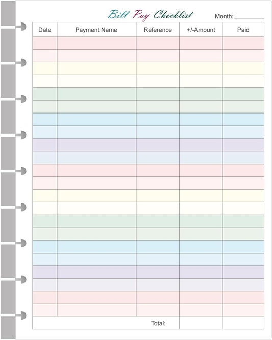 Colorful Bill Pay Checklist Refills - 50 Sheets - For Happy Planners