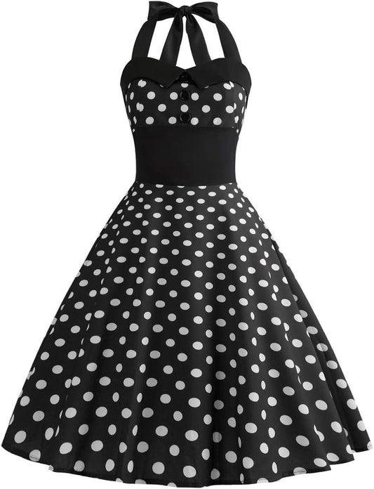 Vintage 1950s Polka Dot Halter Cocktail Swing Dress for Women