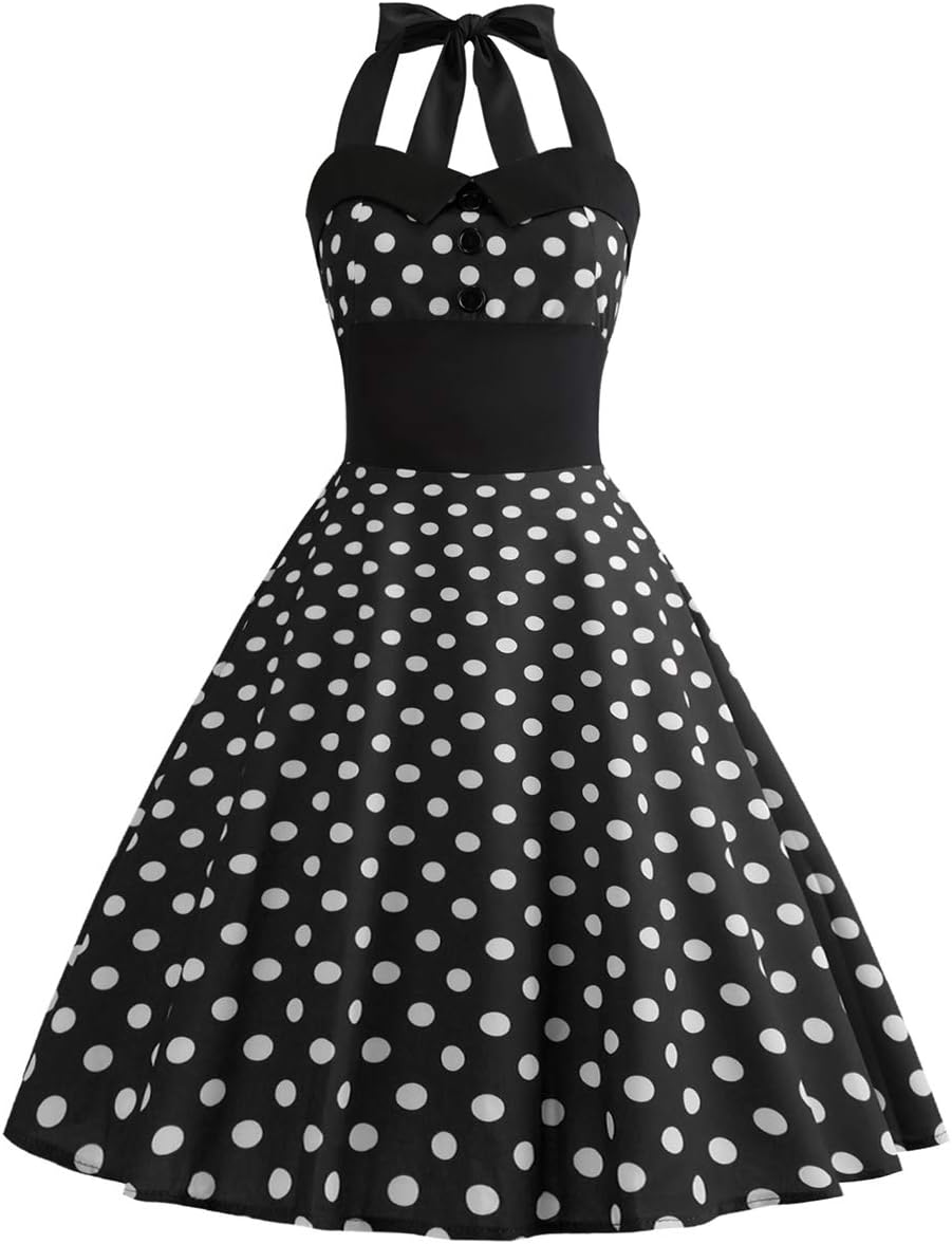 Vintage 50s Polka Dot Halter Cocktail Swing Dress for Women