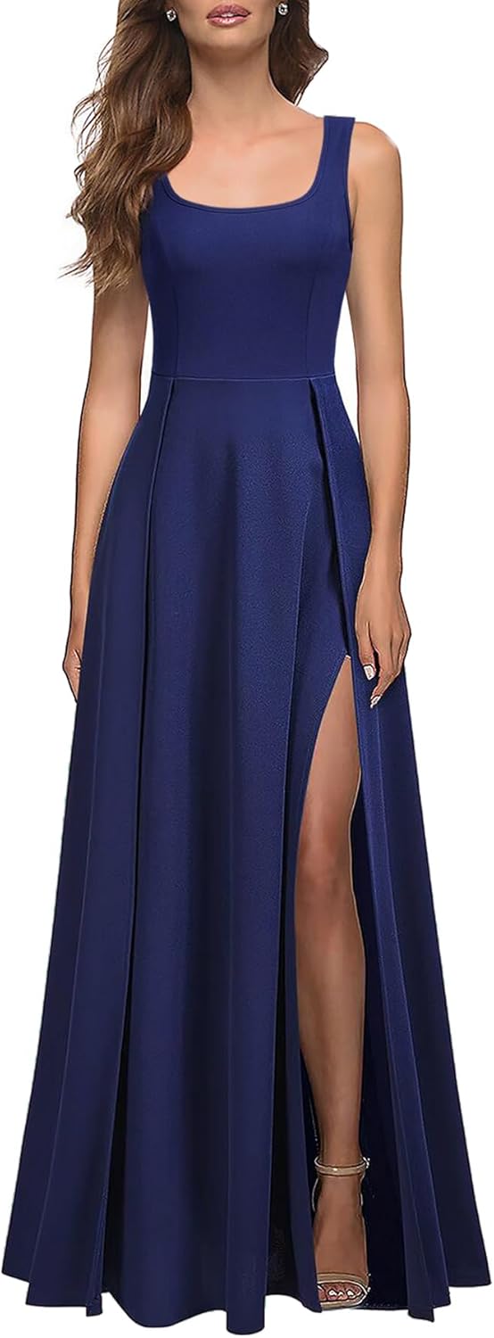 MUSHARE Women's Square Neck Sexy Split Cocktail Maxi Dress