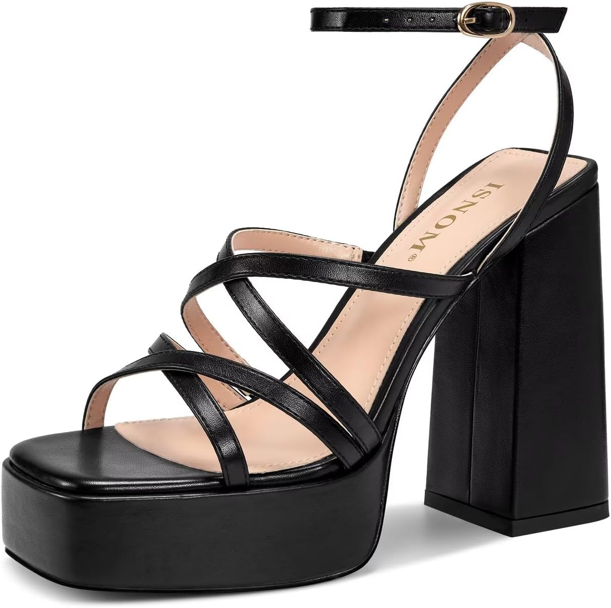 ISNOM Platform Chunky Heels for Women with Ankle Strap Style