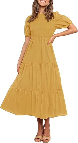 ZESICA Women's Casual Summer Crew Neck Puff Sleeve Midi Dress