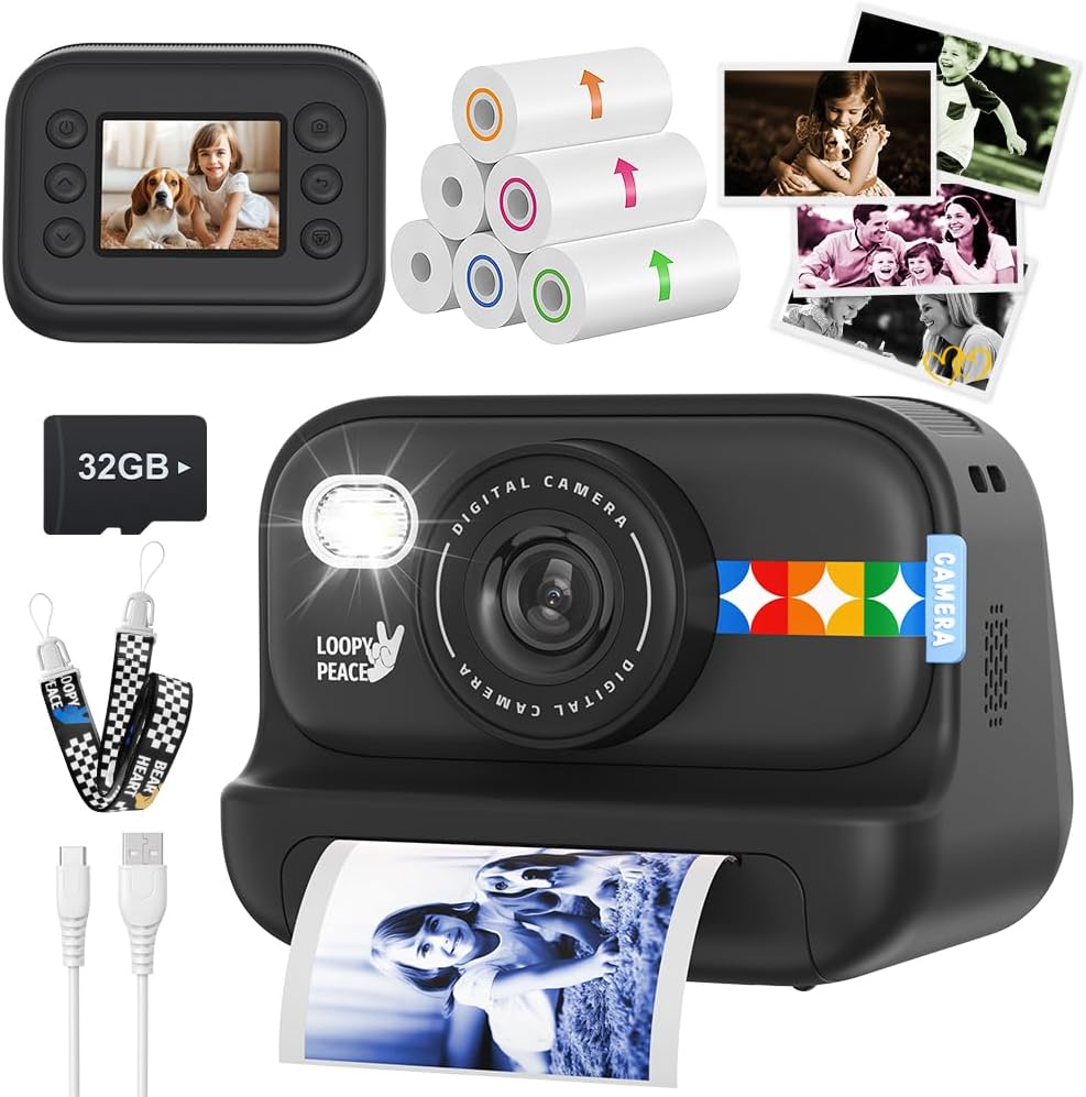 Kids Instant Print Camera Bundle 48MP 1080P - Fun Frames, 32G Card