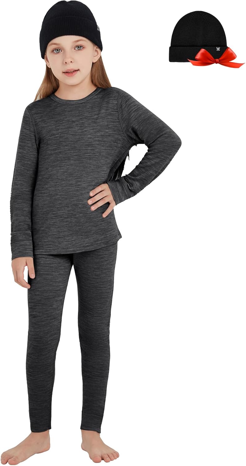 Unisex Kids' Merino Wool Base Layer Sets with Beanie Gift Pack