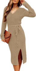 MEROKEETY Women's 2025 Cable Knit V Neck Sweater Dress - Slim