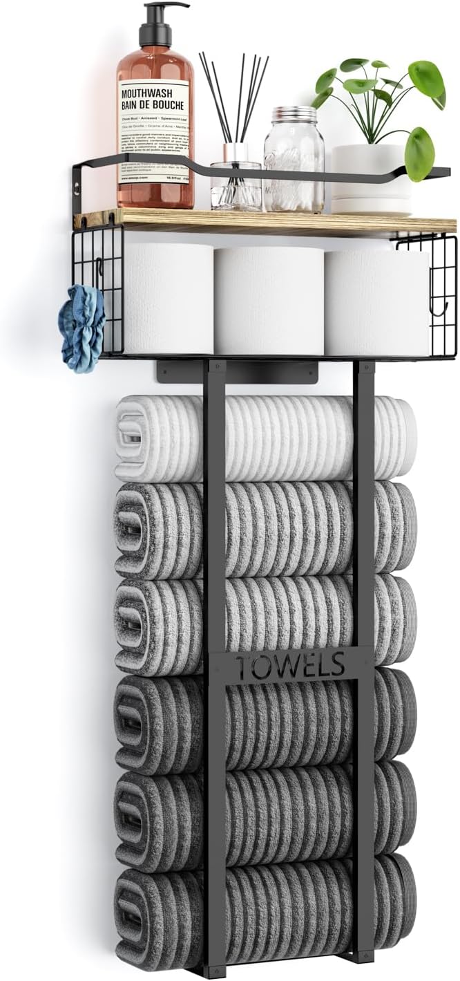 Towel Racks for Bathroom - Wall Mounted Metal Rack with Wood Plank