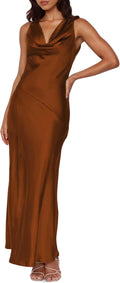 Women's Satin Backless Cowl Neck Maxi Dress - Elegant Summer Guest v