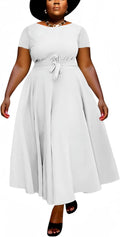 Women Plus Size A Line Maxi Dress with Self Tie Waist - Flattering Fit