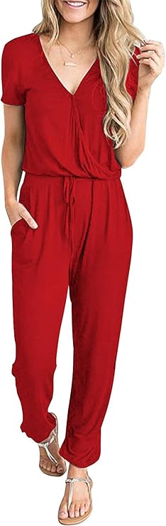 PRETTYGARDEN Women's Summer Casual Deep V Neck Jumpsuit Romper