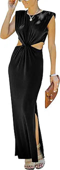 Womens Side Cutout Padded Shoulder Maxi Bodycon Dress - Sleeveless