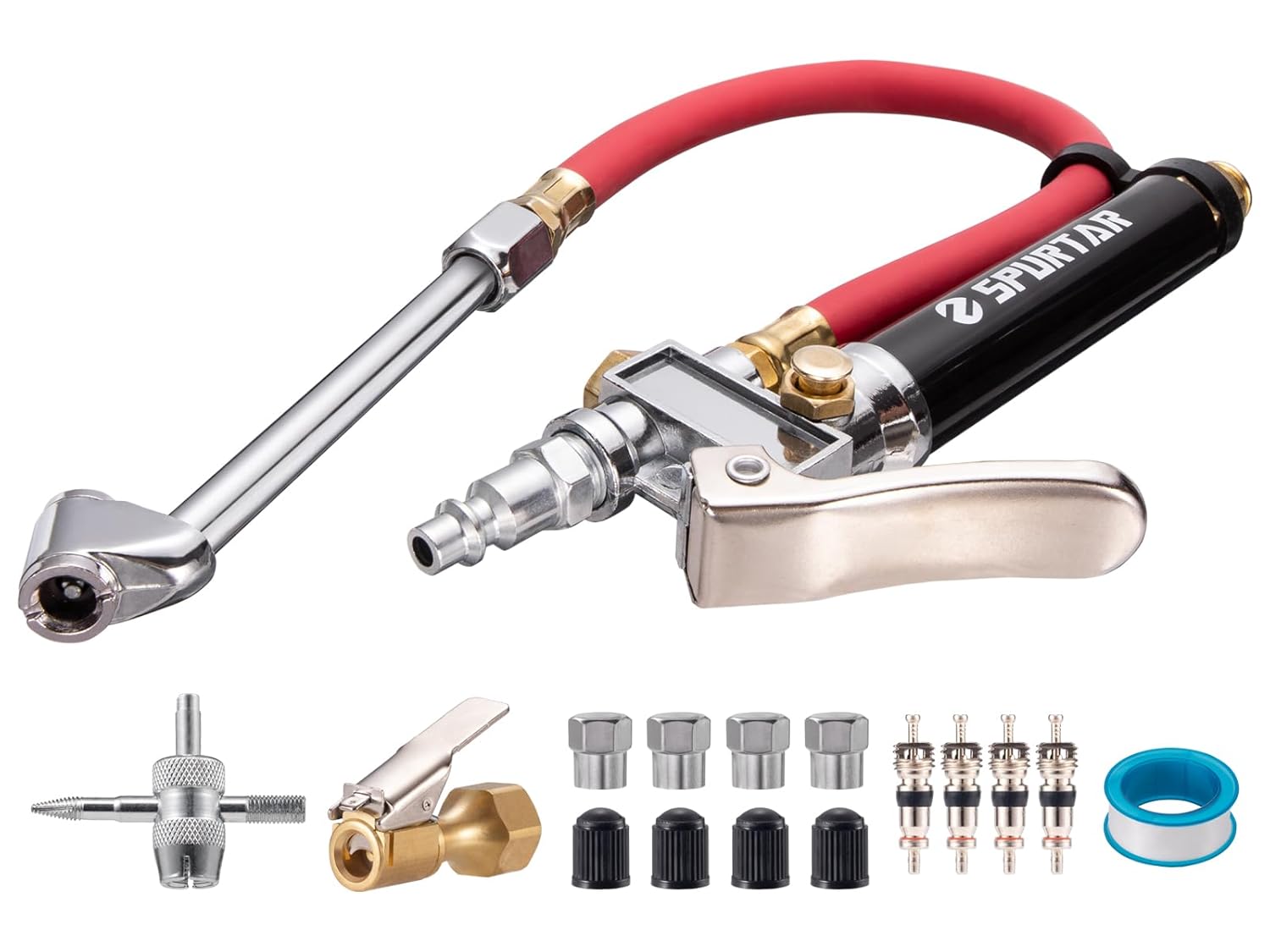 Spurtar Heavy Duty Tire Inflator Gauge - 4 Way Tool Kit